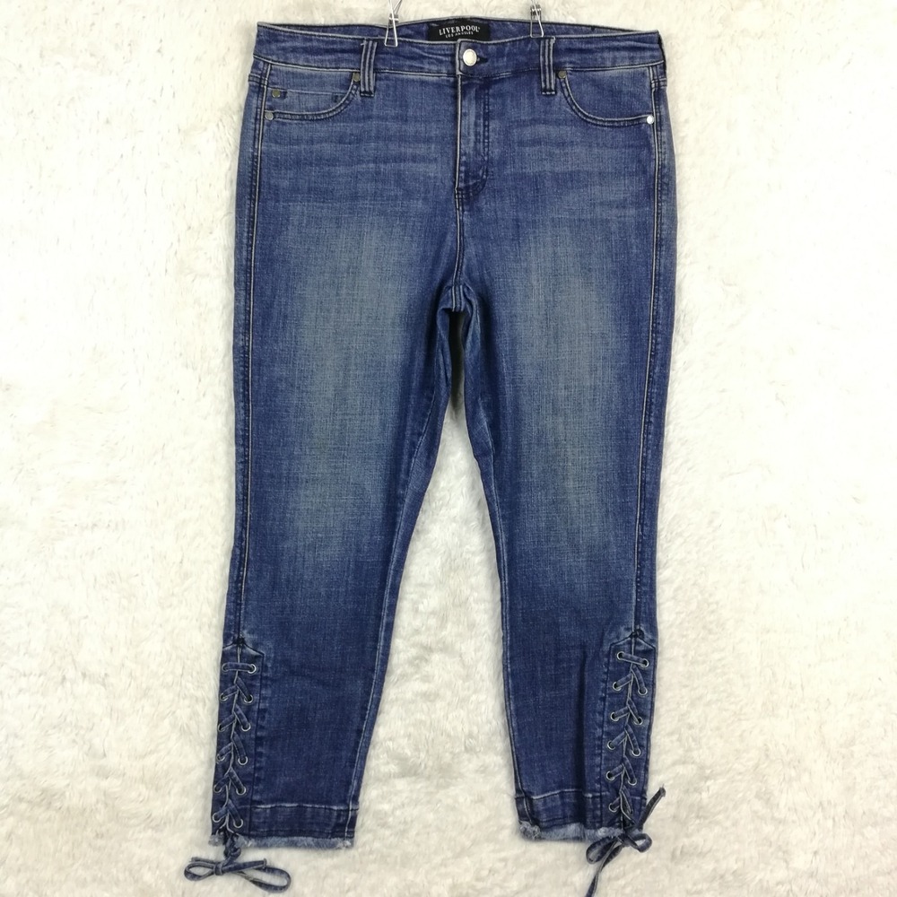 Liverpool Womens Jeans Skinny Crop Blue Denim Medium Wash Tie Ankle High Rise 12